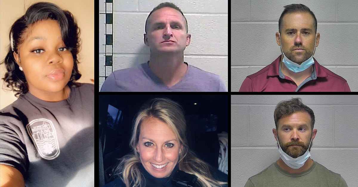 Breonna Taylor appears at left in an image provided by the law offices of Ben Crump. Brett Hankison (top center) appears in a Sept. 23, 2020 mugshot from the Shelby County Detention Center. Joshua Jaynes (top right) and Kyle Meany (bottom right) appear in August 2020 mugshots taken by the Oldham County Jail. Kelly Hanna Goodlett (bottom center) appears in a photo posted to Facebook by the Louisville Metro Police Department.