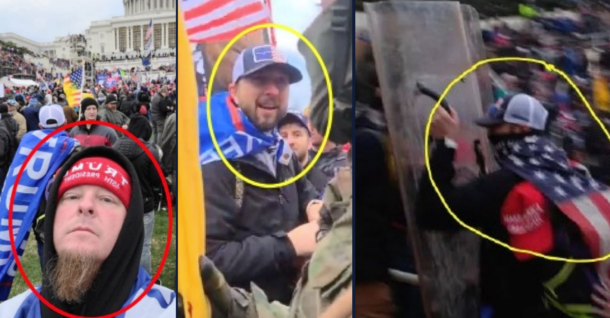 Brian Jackson, left, is seen in a selfie-style picture outside the Capitol on Jan. 6. Adam Jackson, center, is seen in the crowd. Adam Jackson is allegedly pictured using a police riot shield against officers at the Capitol on Jan. 6.