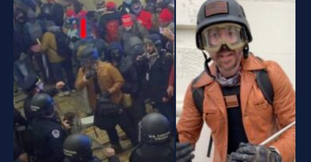Left: Geoffrey Shough is seen confronting police in the Capitol on Jan. 6. Right: Shough is seen in a helmet and goggles at the Capitol on Jan. 6.