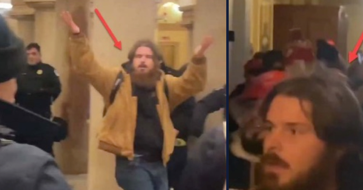 Left: John Daniel Andries is seen raising his arms as he appears to walk near police at the Capitol on Jan. 6. Right: Andries is seen among a group of people inside the Capitol.
