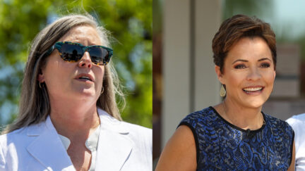 Left: Arizona Secretary of State Katie Hobbs (D) speaks to reporters at a news conference on Aug. 2, 2022 (photo by Brandon Bell/Getty Images). Right: Kari Lake (R) leaves a polling place after voting in the Arizona primary on Aug. 2, 2022 (photo by Justin Sullivan/Getty Images).