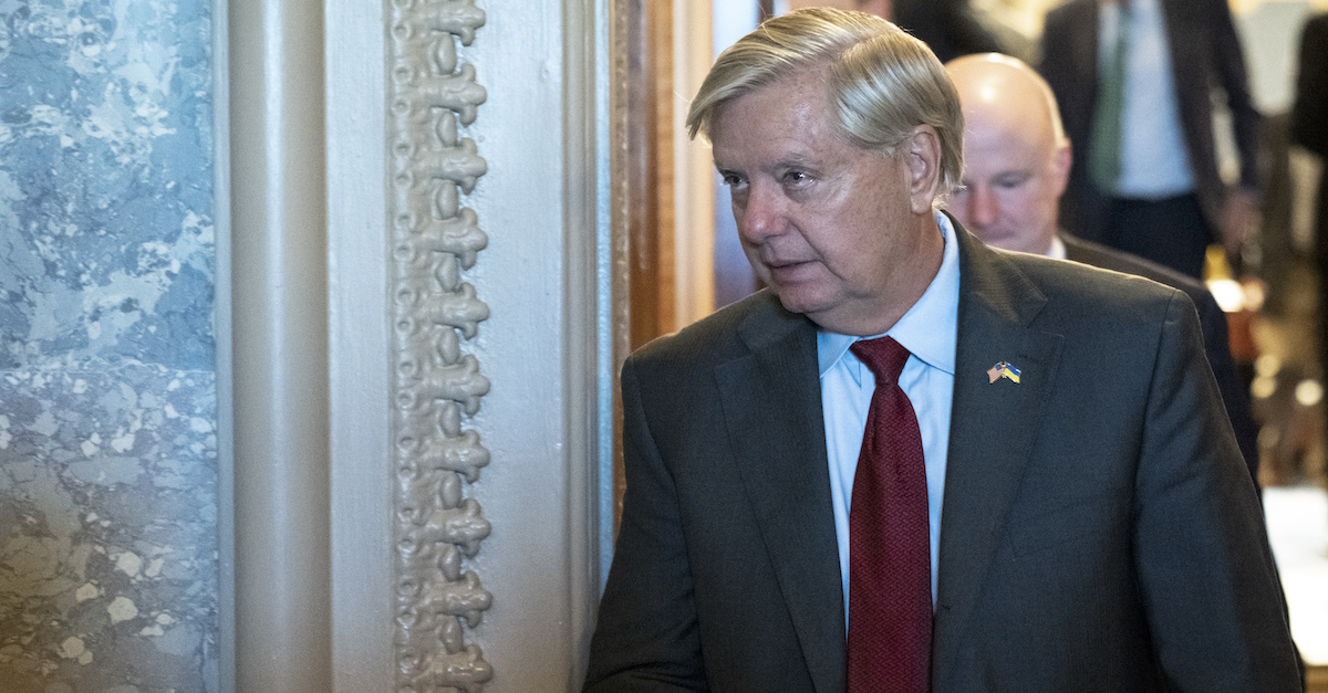 Lindsey Graham is seen leaving the Senate Chamber on Aug. 7, 2022, after Senate passed the Inflation Reduction Act. 