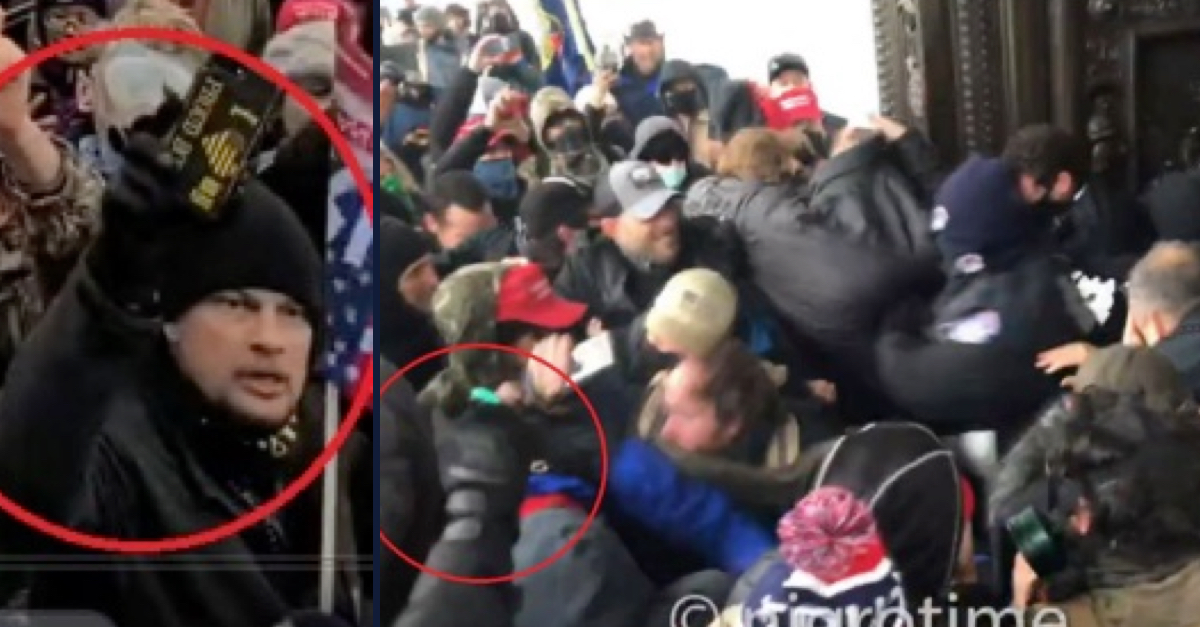 Ricky Willden is seen in the crowd at the Capitol on Jan. 6, left; a picture captures the moment after Willden sprayed police officers with chemical spray, the officers are seen covering their eyes.