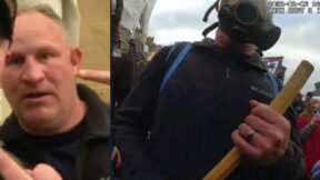 Left: Thomas Robertson is seen in a selfie taken inside the U.S. Capitol on Jan. 6. Right: Police body worn camera footage shows Thomas Robertson approaching while holding a stick he has used for crowd control.