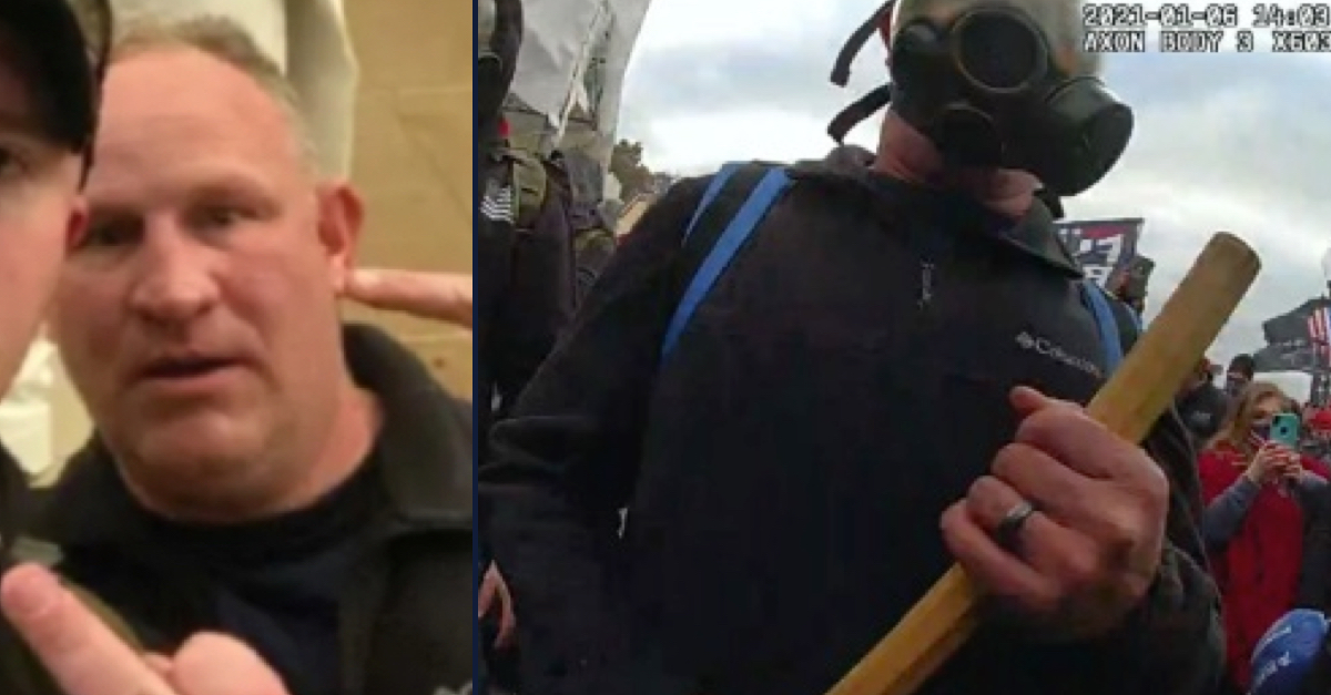 Left: Thomas Robertson is seen in a selfie taken inside the U.S. Capitol on Jan. 6. Right: Police body worn camera footage shows Thomas Robertson approaching while holding a stick he has used for crowd control.