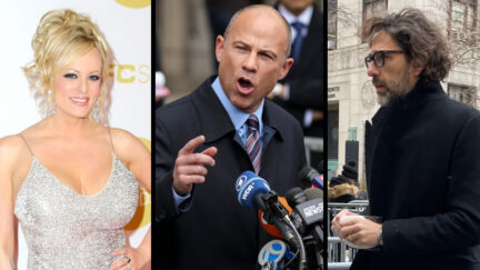 a collection of three photos of Stormy Daniels, Michael Avenatti and Luke Janklow