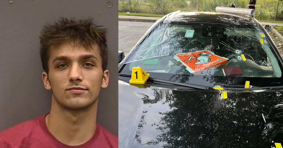 Christopher Stamat Jr. (left) in an Oct. 7 mugshot for possession of cannabis. He was arrested the next day for allegedly opening fire on a homeless family of five's car while they were sleeping inside (pictured right).