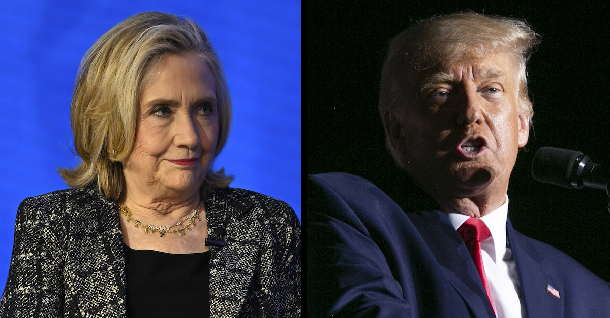 Two photos show Hillary Clinton and Donald Trump.