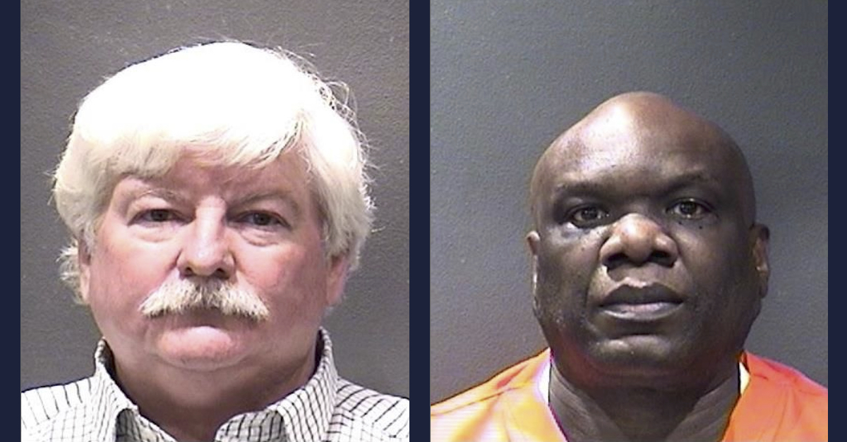 Innocent man James Christopher Johnson appears in a mugshot (L) and convicted murderer and rapist Bobby Joe Leonard appears in a mugshot (R)