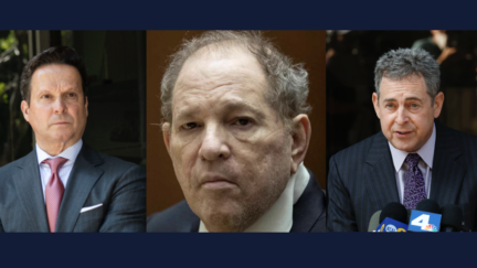 Three photos showing Harvey Weinstein and his suited and tied lawyers