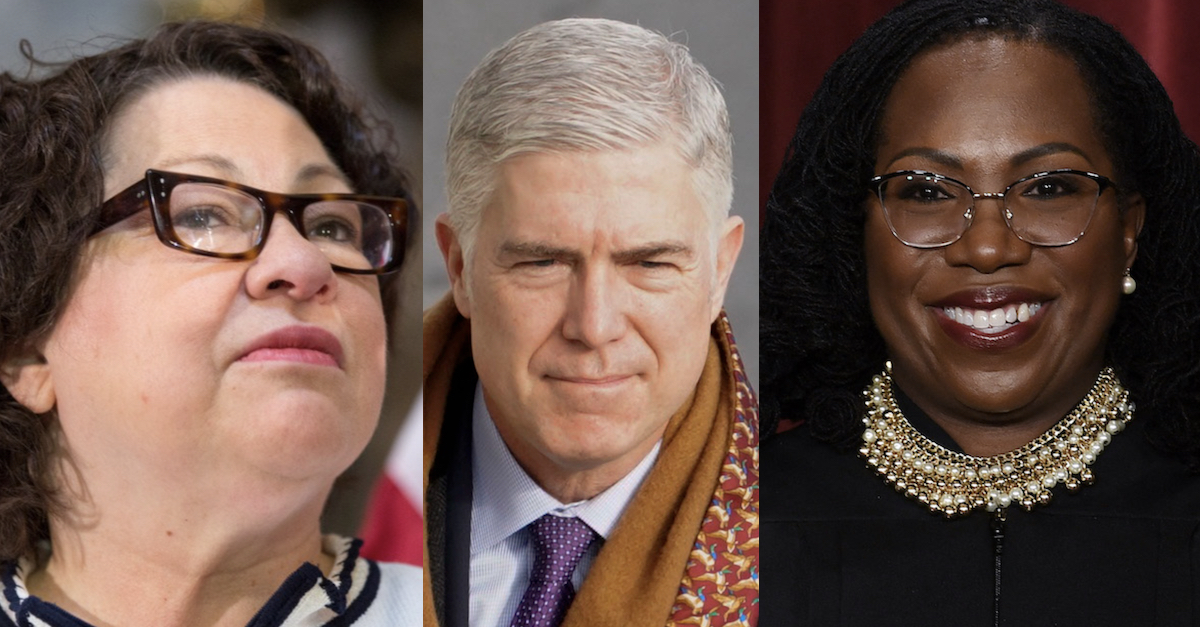 Justices Sonia Sotomayor (L) Neil Gorsuch (C) and Ketanji Brown Jackson (R)