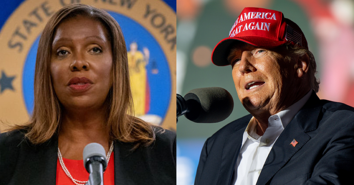 Left: Letitia James, wearing a red shirt, dark jacket, and pearl necklace, discusses Donald Trump's financial dealings at a press conference. Right: Donald Trump, wearing a white shirt, dark suit jacket, and a red 