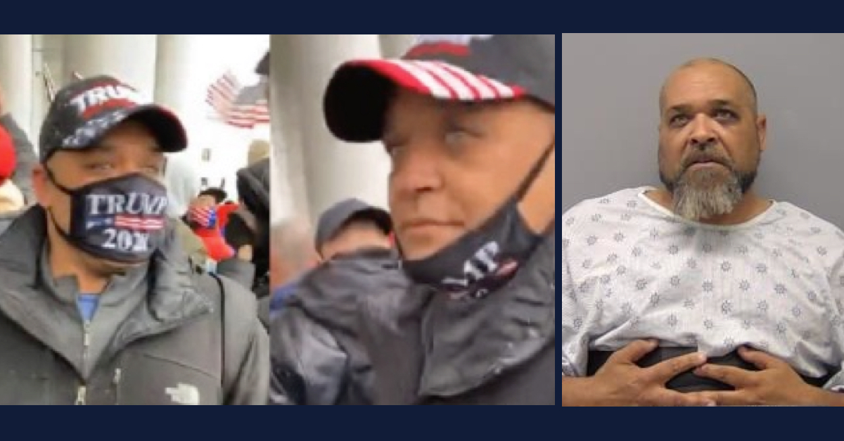 Left: Shane Jason Woods is wearing a baseball cap with a U.S. flag pattern and a face mask indicated support for Donald Trump. Right: Woods wears a hospital gown while posing for his booking photo. He has a shaved head and a beard with an elongated goatee of gray hair.