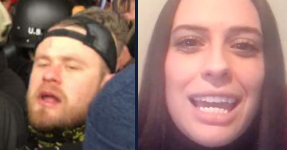 Left: Ethan Nordean wears an inverted baseball cap. He has light brown facial hair and appears to be in a large crowd. Right: Adrienna DiCioccio has long straight brown hair and speaks directly to the camera while conducting an interview.