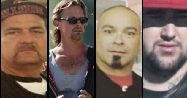 From left: Kenneth Caspers Jr., Dennis Killough Jr., Jaime Alvarez, and Michael Mahoney face charges after an attack left wo men wounded at a California biker clubhouse in October 2021. (Photos from court documents in the case involving Alvarez at the United States District Court for the Eastern District of California)