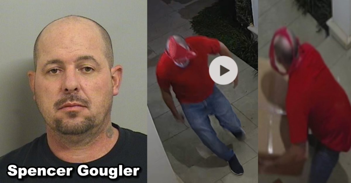 Tulsa police say that's Spencer Gougler on surveillance footage wearing panties on his head during porch pirate incidents. [Mugshot and screenshots via Tulsa Police Department]