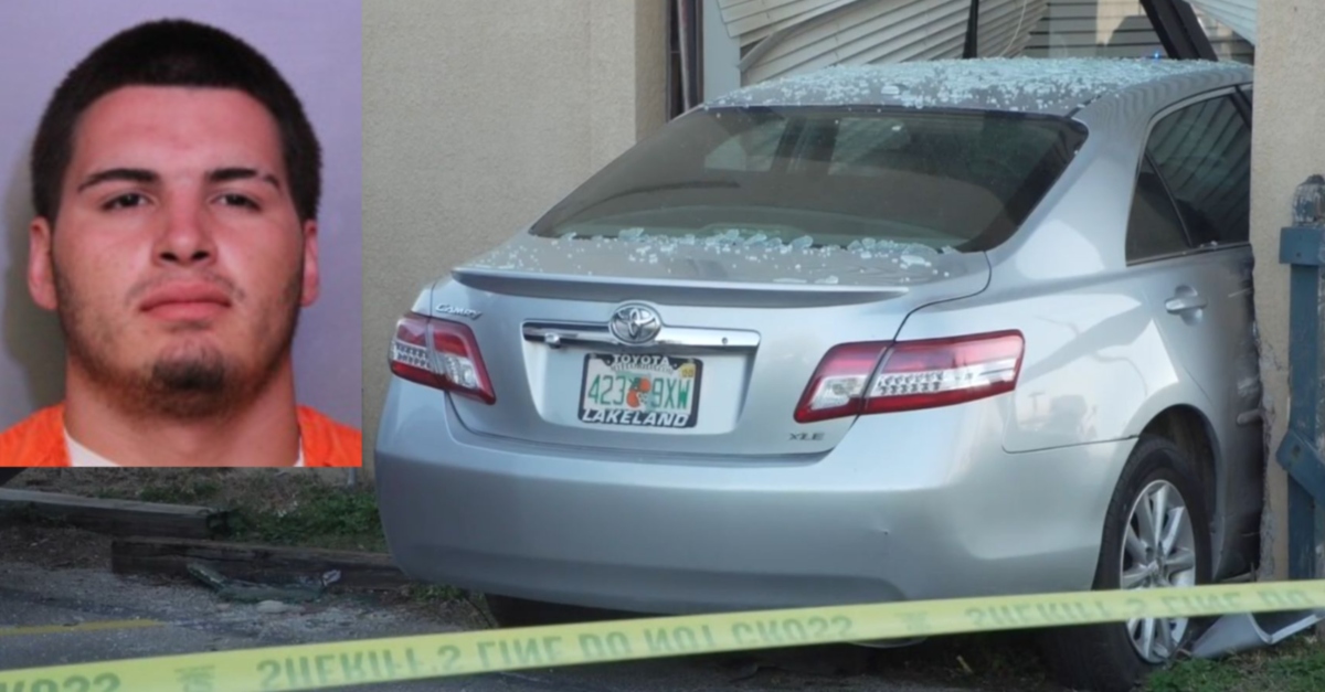 Alex Greene, 21, allegedly crashed this vehicle after carjacking it from a woman and driving at Lakeland police Capt. Eric Harper, who shot and killed him. (Mugshot: Polk County Sheriff's Office; screenshot: WTSP)