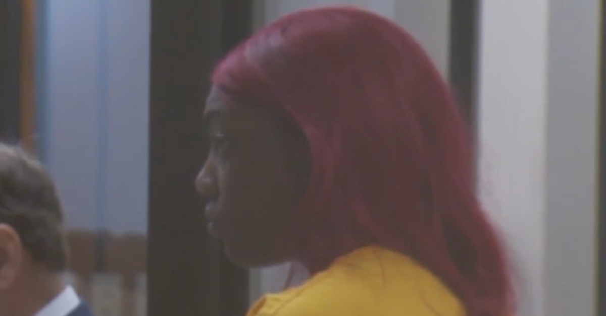 Amari Hendricks in court on Feb. 17, 2023, the day after she allegedly pulled out a gun on McDonald's employees for not immediately giving her a free cookie she believed she was owed. (Screenshot: WESH)
