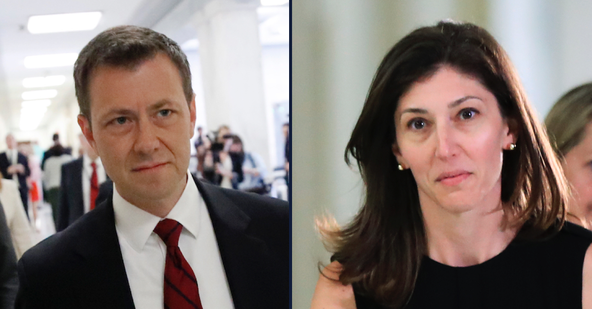 Left: Peter Strzok is wearing a white shirt, red tie, and dark jacket and is looking off-camera. Right: Lisa Page is wearing a dark sleeveless top and is looking directly at the camera. 