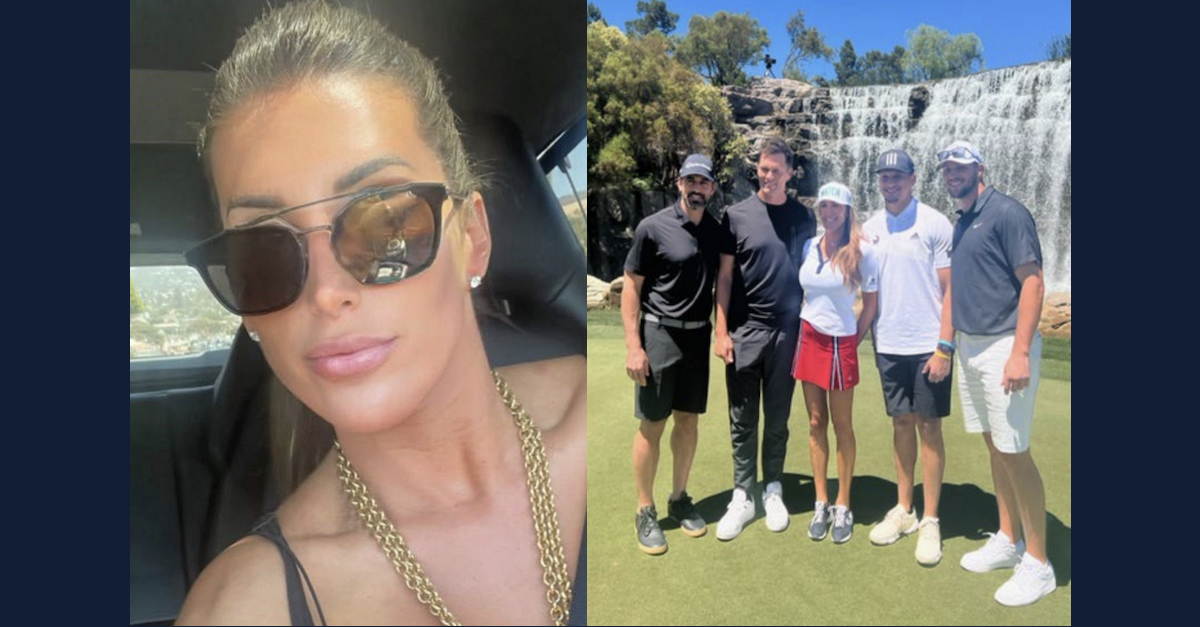Sara King seen in a selfie (L) and with Aaron Rodgers, Tom Brady, Patrick Mahomes and Josh Allen on a golf course (R)