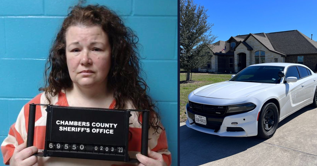 Left: Sarah Jean Hartsfield is wearing an orange-and-white striped shirt and holding an identifying placard with her name and booking information in is. She has long brown curly hair and is looking at the camera without smiling. Right: a white car from the Chambers County Sheriff