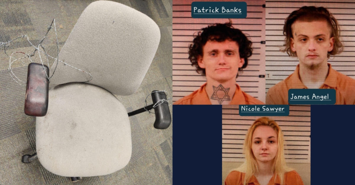 Patrick Banks, James Angel, and Nicole Sawyer allegedly tied a victim to a chair with barb wire and carved "cross symbols" into the person's face and body. (Images: Madison County Sheriff Buddy Harwood)