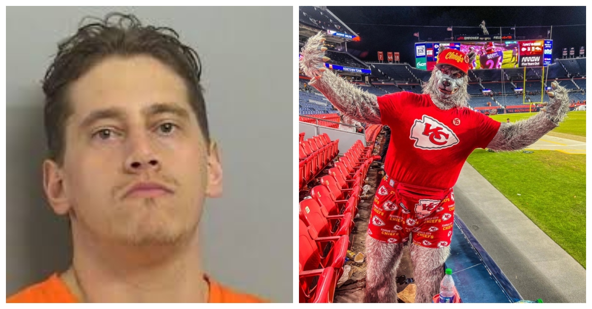 Xavier Babudar, aka "Chiefsaholic," faces bank robbery charges. (Mugshot from Tulsa County Sheriff, wolf fan costume photo from New York Post)
