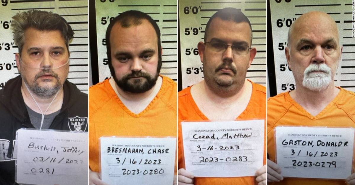 From left to right: Iron County Sheriff Jeffery Burkett, Deputy Chase Brasnahan, Deputy Matt Cozad and Rick Gaston face charges in a kidnapping plot. (Mugshots courtesy of Washington County, Mo., Sheriff
