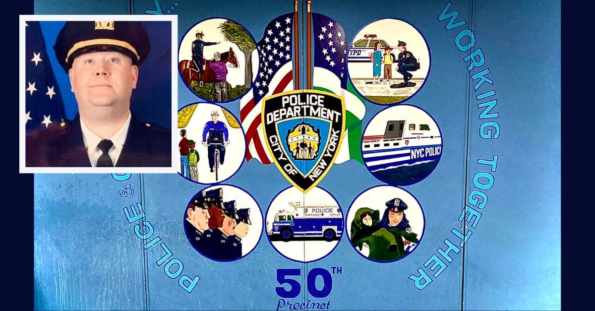 Captain Brian Flynn appears inset, left, against a mural at the NYPD's 50th Precinct. On the right is a passage from a lawsuit in April 2023. (New York City Police Department; Manhattan Supreme Court)