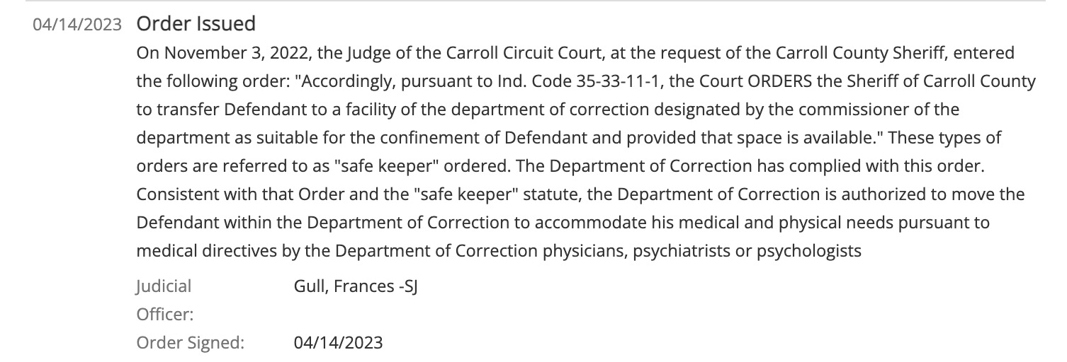 Special Judge Fran C. Gull's order on Richard Allen's prison transfer request.