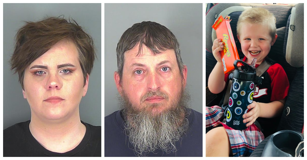 Sarah Elizabeth Stewart, left, and Christopher Allen Stewart, right, face charges in the death of a 6-year-old Aydon. (Mugshots from the Spartanburg County Sheriff's Office; Picture of boy from Fox Carolina)