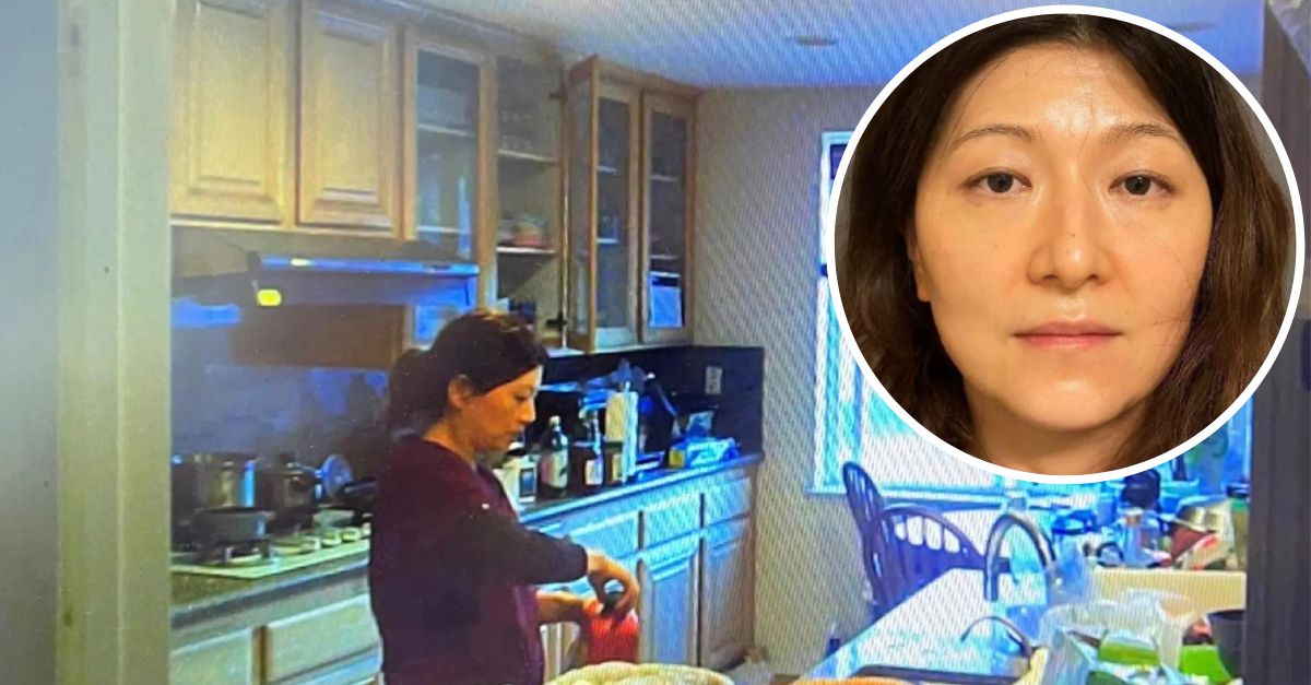 Yue Yu faces charges after allegedly poisoning her husband's tea with a "Drano-like" liquid, prosecutors said. (Mugshot from Irvine Police Department; screenshot of her in the kitchen courtesy of Steven G. Hittelman of the Hittelman Family Law Group)
