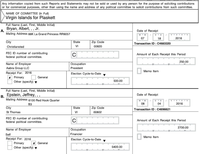 FEC record: Jeffrey Epstein to Rep. Stacey Plaskett