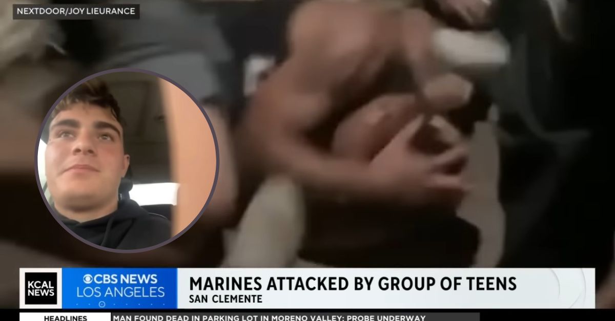 Hunter Antonino, inset, is one of the self-identified Marines, who said he was attacked on a Southern California pier over Memorial Day weekend. (Screenshots from KCAL-TV Los Angeles)
