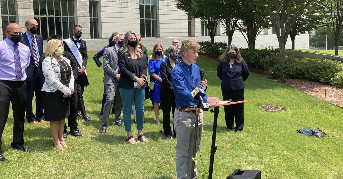FILE - Dylan Brandt speaks at a news conference outside the federal courthouse in Little Rock, Ark., on Wednesday, July 21, 2021. Brandt, 15, has been receiving hormone treatments and is among several transgender youth who challenged a state law banning gender confirming care for trans minors. A federal appeals court on Thursday, Aug. 25, 2022, said Arkansas can