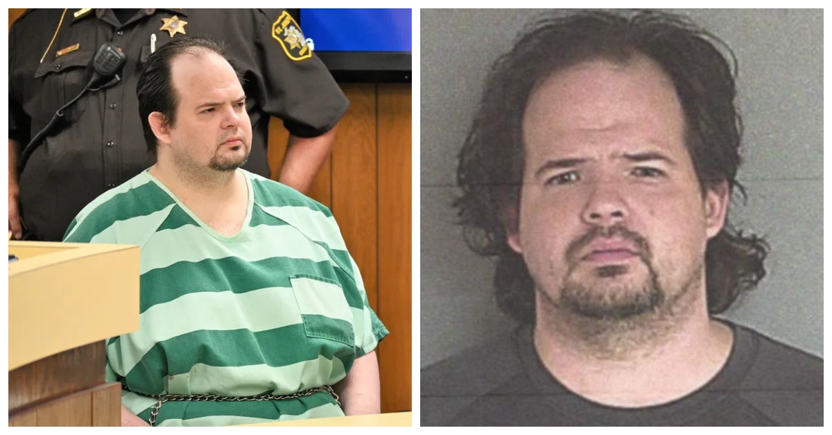Wade Allen (Courtroom photo from the Sturgis Journal; Allen's mugshot from the St. Joseph County Sheriff's Office via Coldwater, Michigan's WTVB)