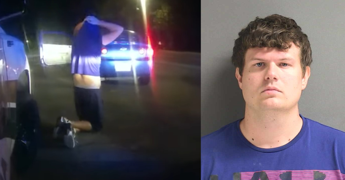 Brandon Keith Donato is seen here after arresting deputies told him to get on his knees and put his shirt over his head. The Volusia County Sheriff's Office said he sexually abused a 12-year-old girl. (Screenshot and mugshot: Volusia County Sheriff's Office)
