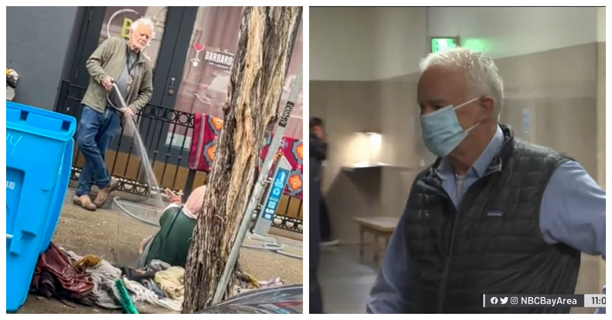 Collier Gwin was seen on video spraying a homeless woman with a hose on Monday, Jan. 9, 2023. (Left: Screenshot from viral video; Gwin in court screenshot from NBC Bay Area)