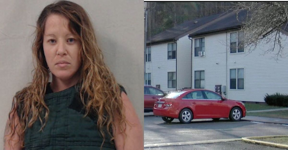 Krista Ann Brunecz and the apartment where she allegedly stabbed her infant daughter to death (West Virginia Regional Jail, WDTV screenshot)
