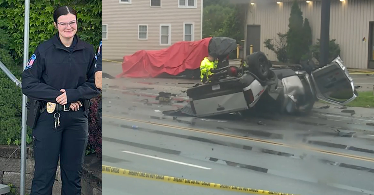 Officer Jessica Ebbighausen and the aftermath of the crash where she died. (Image of Ebbighausen: Vermont State Police via AP; screenshot of the crash site: WCVB)