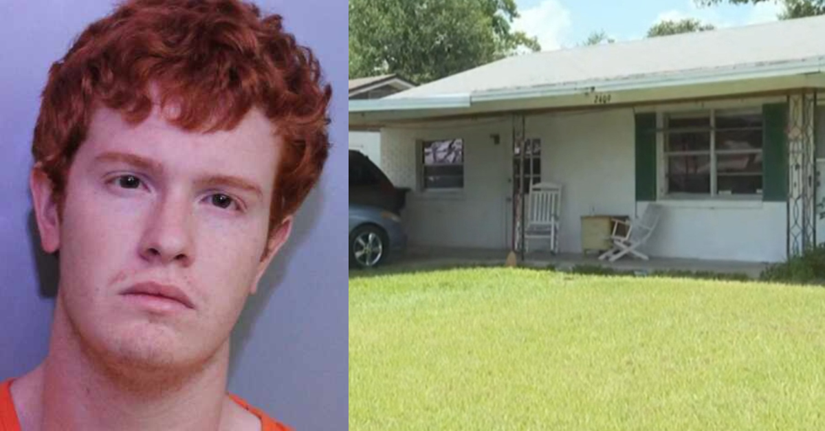 Riley John Groover in a 2018 mugshot. The home where he, his mother, and his boyfriend, Camdyn Rider, lived. (Mugshot: Polk County Sheriff's Office; screenshot: WTSP)