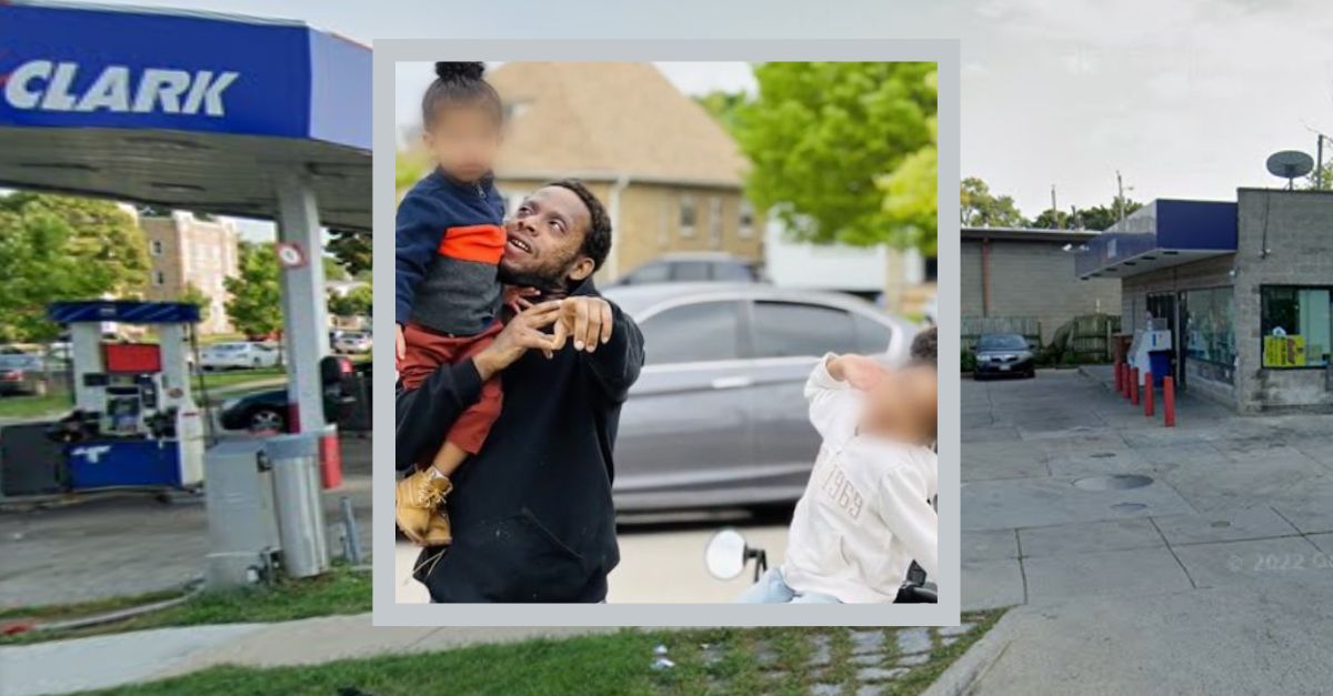 Isaiah Allen appears inset with his two children, against an image of the gas station where he was shot and killed in Milwaukee, Wisc. on Aug. 16, 2023.