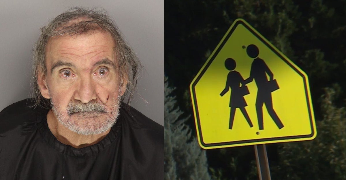 Robert Daniel Mistretta attempted to kidnap an elementary school student on Aug. 17, 2023, said deputies in Greenville County, South Carolina. (Mugshot: Greenville County Sheriff's Office; screenshot of local school crossing sign: WYFF)