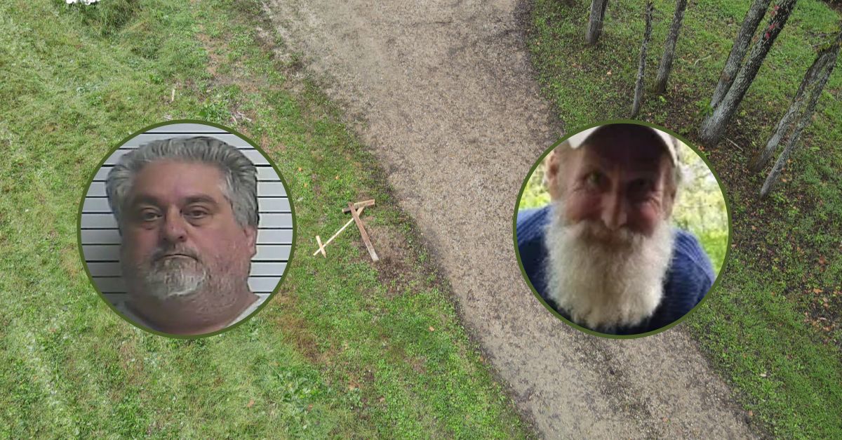 Randy Steven Small killed his neighbor Bob Adair in a dispute over property in rural Indiana. (Mugshot from Brown County Sheriff's Office; victim photo from his obituary; crime scene photo from the Brown County Prosecutor's Office)