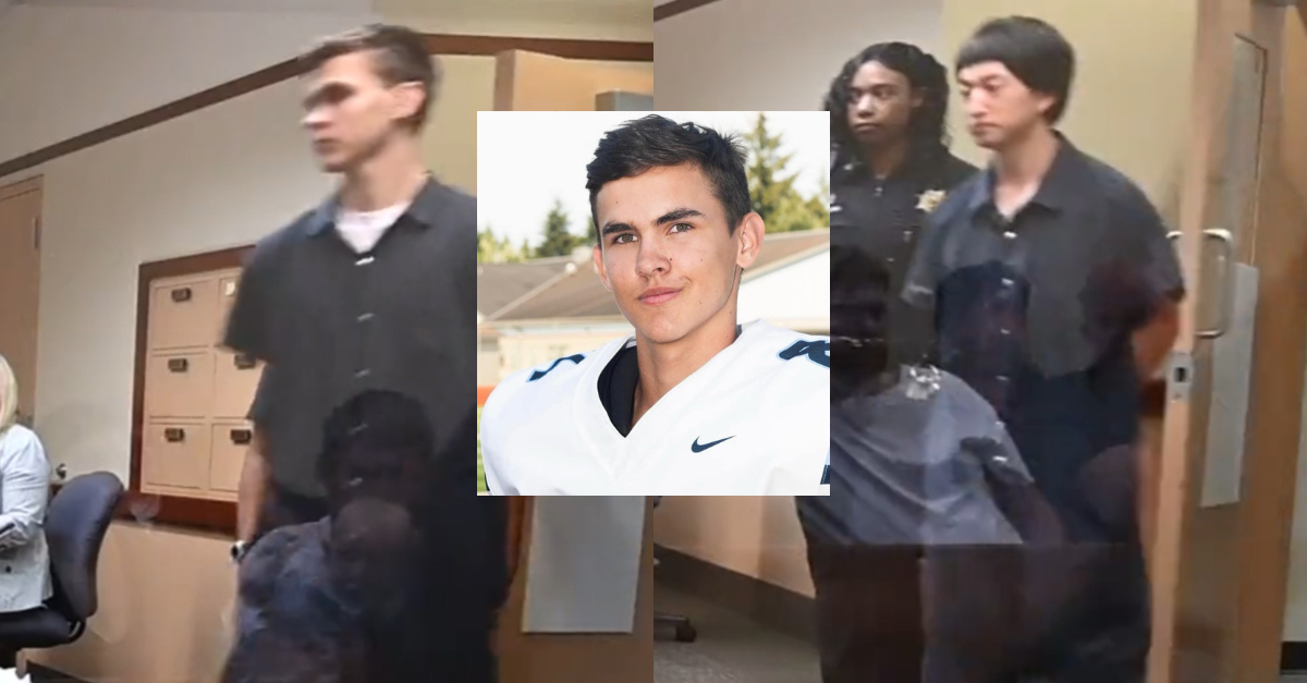 Gabriel Michael Davis (left and center) and Justin Jiwoon Yoon (right) pleaded guilty on Sept. 06, 2023 to murdering Daniel McCaw in a burglary. (Screenshots from court: The Tacoma News Tribune; football image of Davies: Thurston County Sheriff's Office)