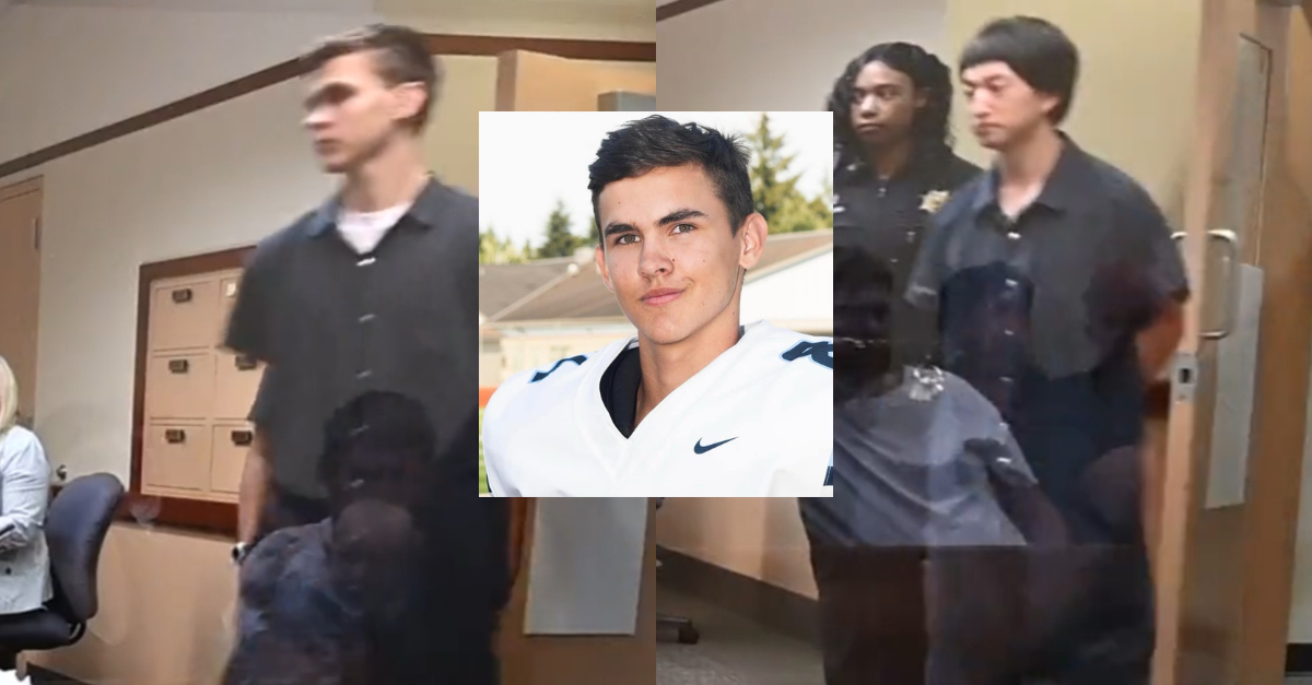 Gabriel Michael Davis (left and center) and Justin Jiwoon Yoon (right) pleaded guilty on Sept. 06, 2023 to murdering Daniel McCaw in a burglary. (Screenshots from court: The Tacoma News Tribune; football image of Davies: Thurston County Sheriff