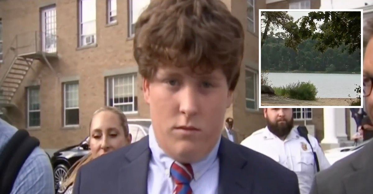 John Sheeran leaving court on Sept. 11 and the lake where he allegedly tried to drown a Black teen (WFXT screenshots)