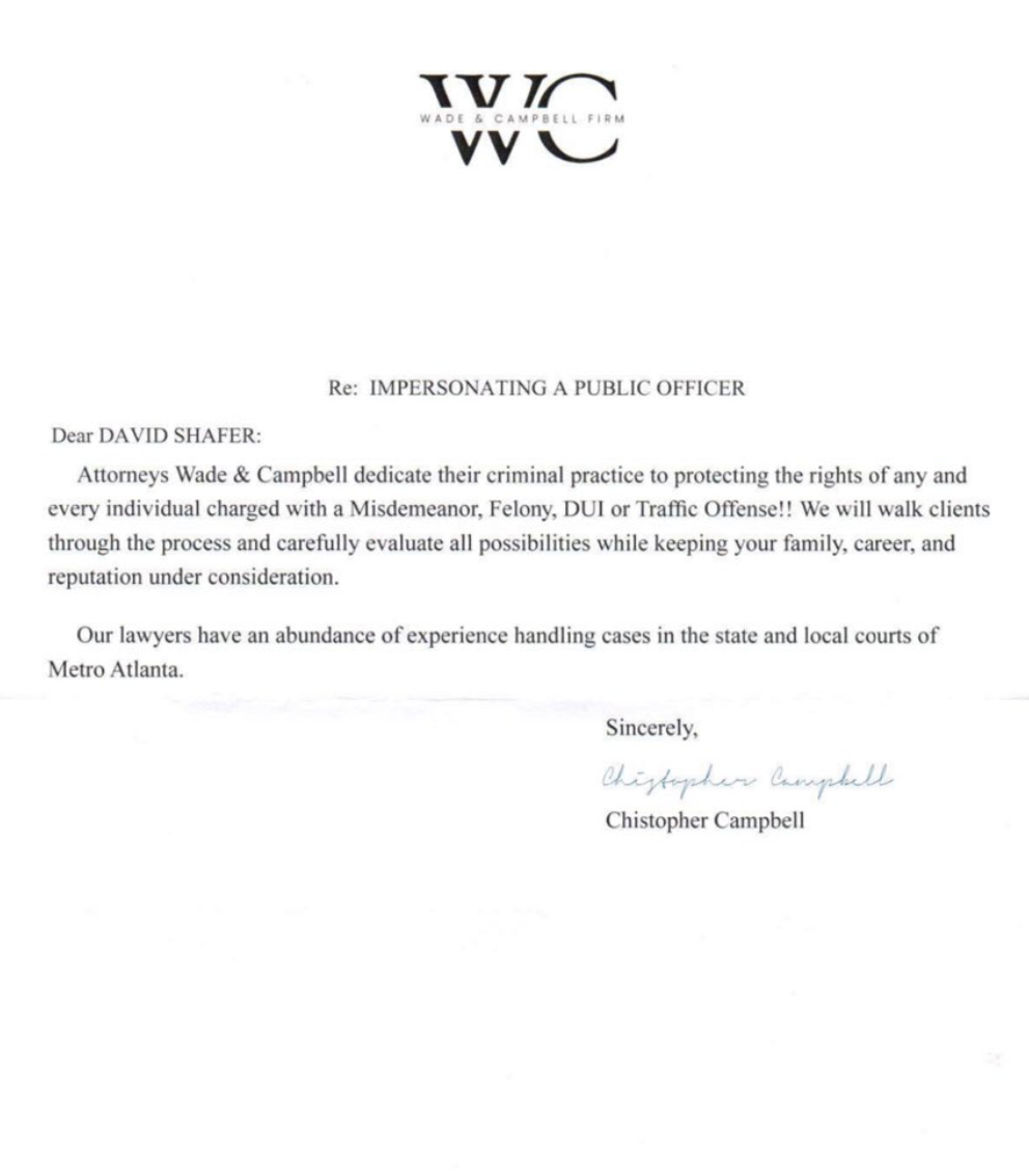 The Wade & Campbell letter sent to David Shafer.