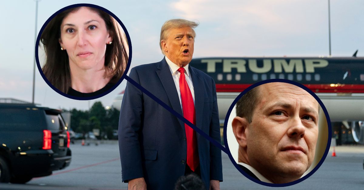Donald Trump (C) flanked by Lisa Page (L) and Peter Strzok (R)