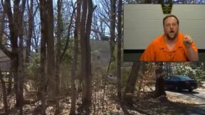 Background: Crime scene screen grab from New Hampshire ABC affiliate WMUR YouTube. Inset: Adrian Lawrence Demers points a finger and yells at court staff during a court appearance in April in New Hampshire. Image from ABC affiliate WMUR YouTube.